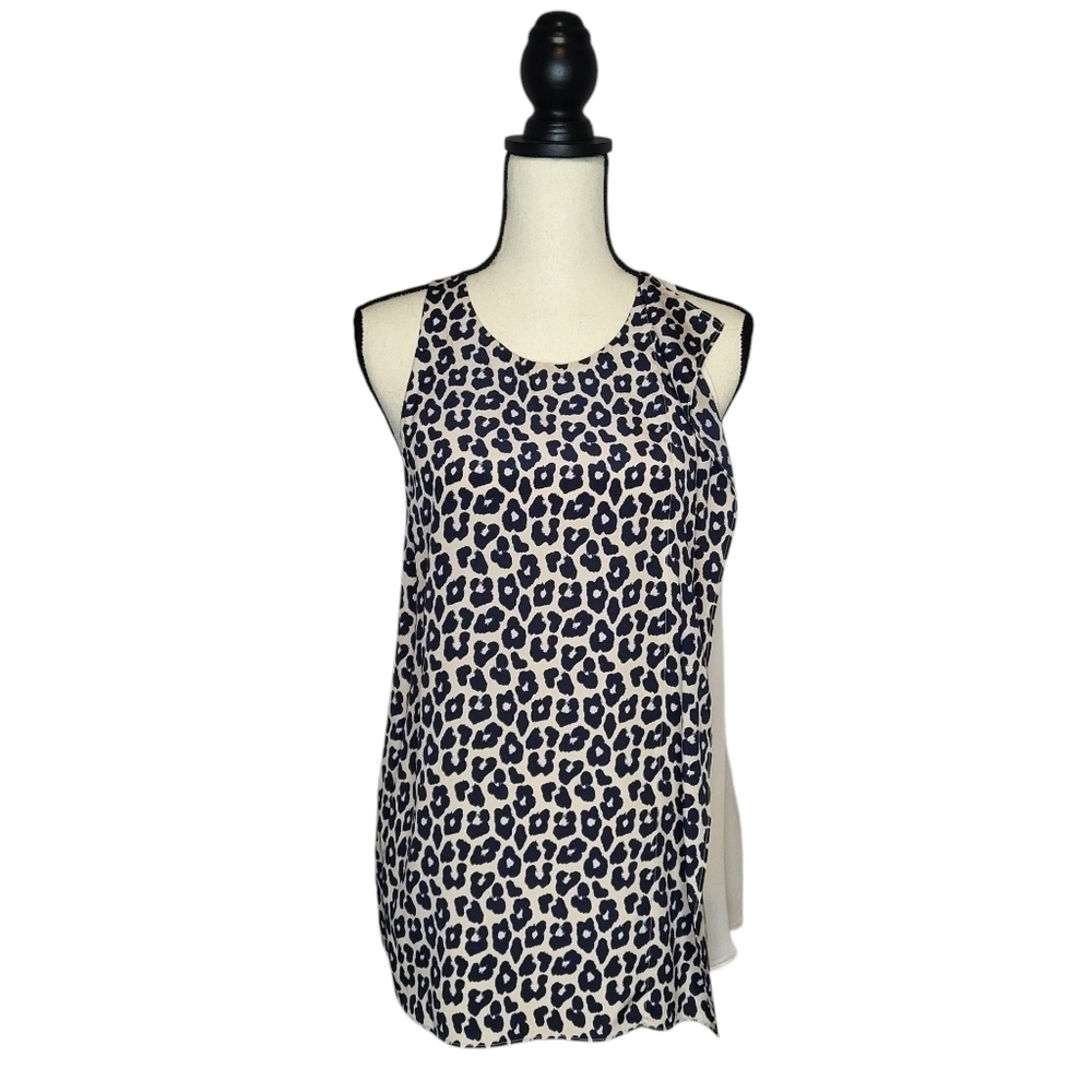 3.1 Phillip Lim tank cream navy blue leopard print front side ruffle top size 8